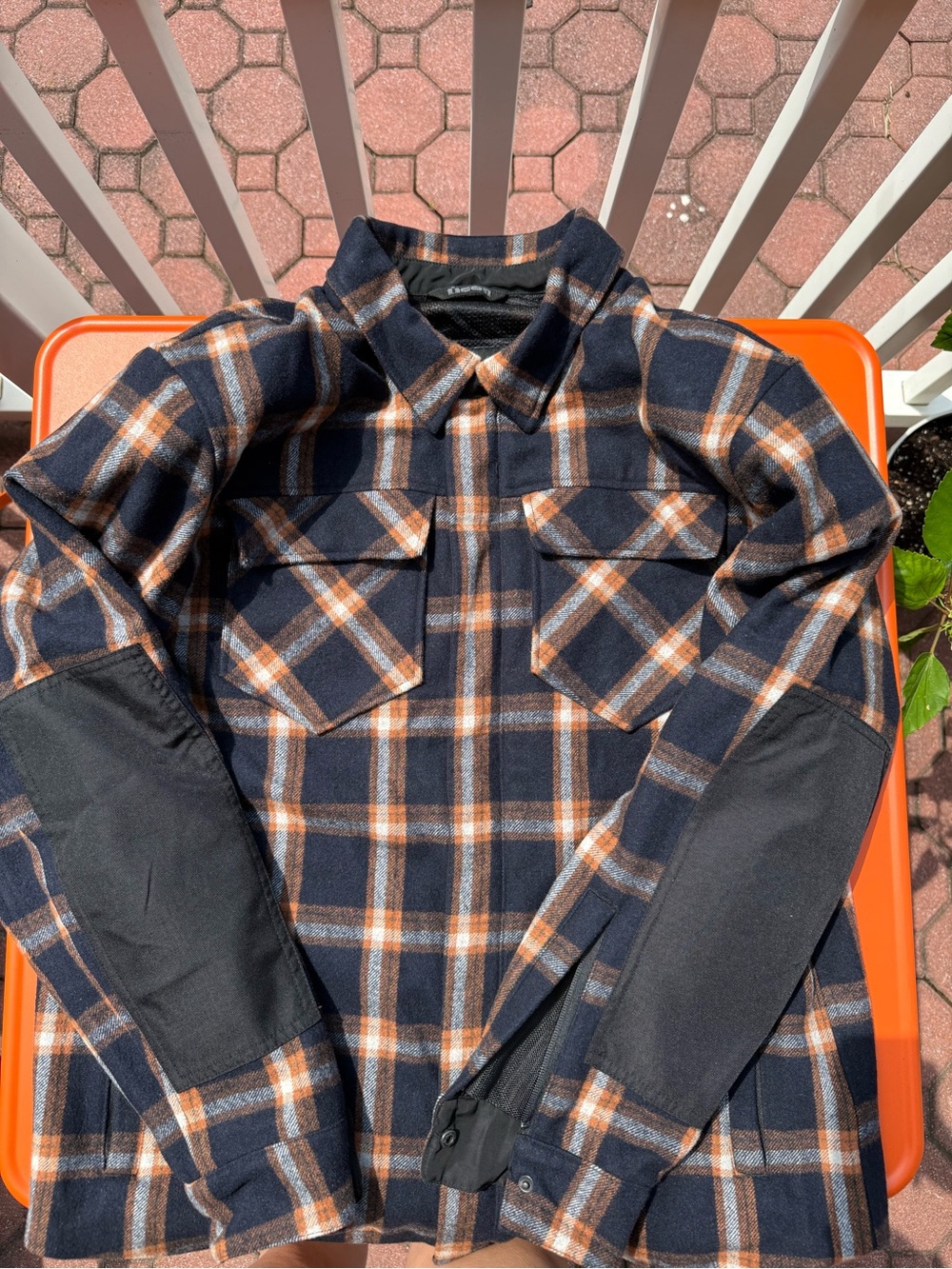 ICON Motorcycle Navy and Orange Plaid Lightweight Shirt Jacket with protection